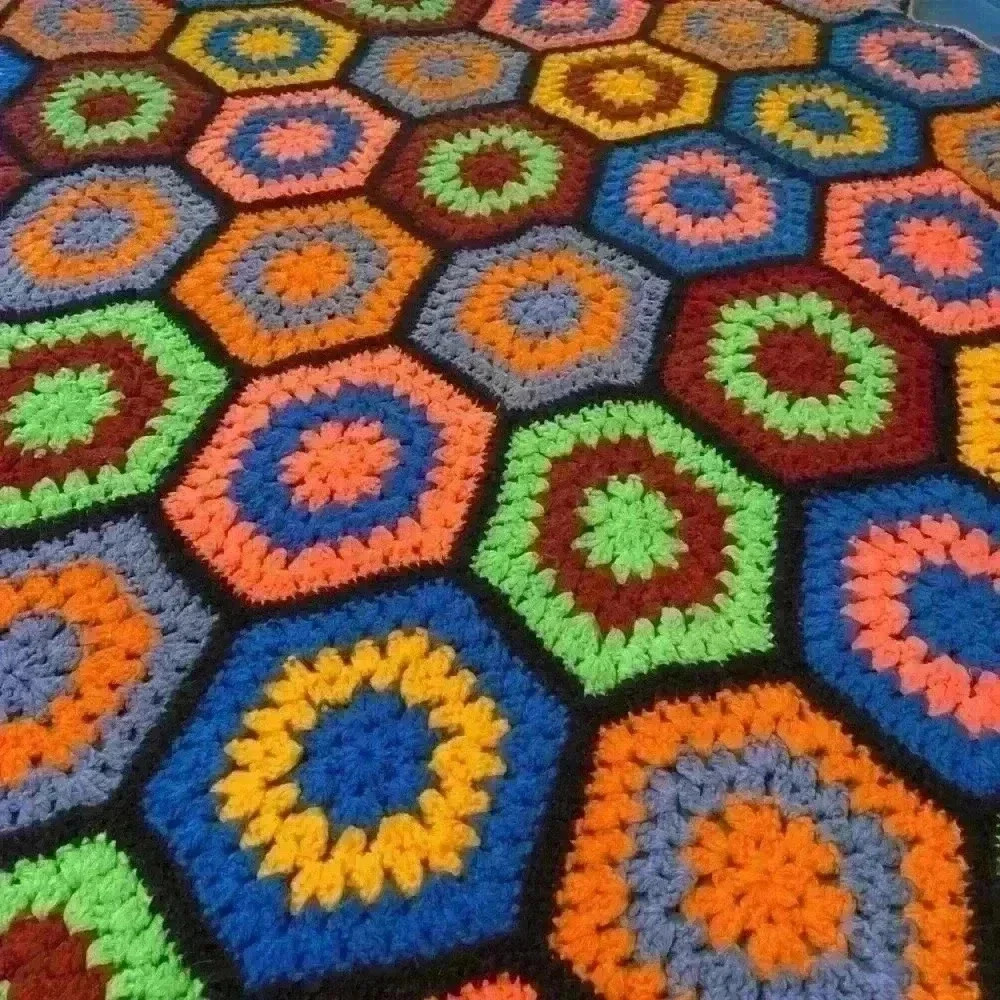 Vintage Crochet Oversize Hexagon Afghan 80x45 Multicolor